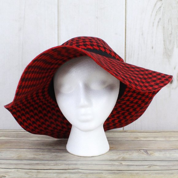 Something Special Red Houndstooth Wool Felt Soft Wide Brim Hat Size OS - Picture 2 of 9
